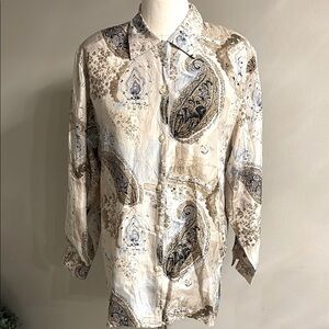 Stunt 80s vintage 100% silk washable button up tunic blouse paisley natural M